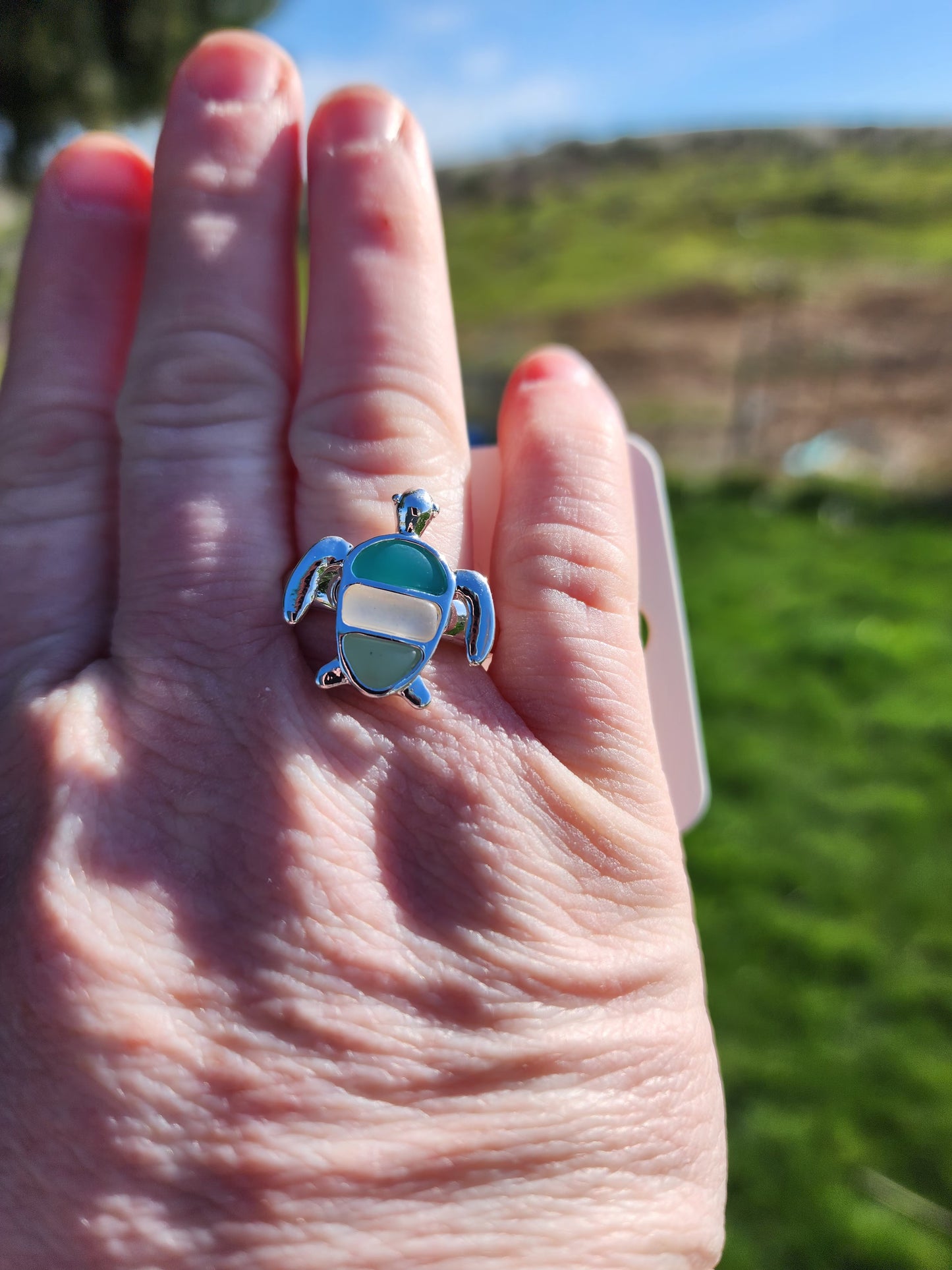 TURQUOISE SEA GLASS STRIPED TURTLE RING