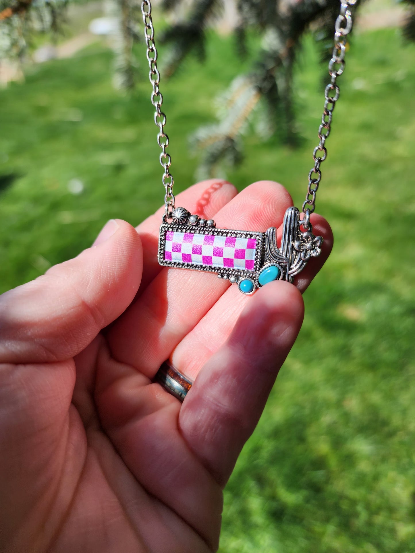PINK CHECKERBOARD TURQUOISE CACTUS SILVERTONE NECKLACE