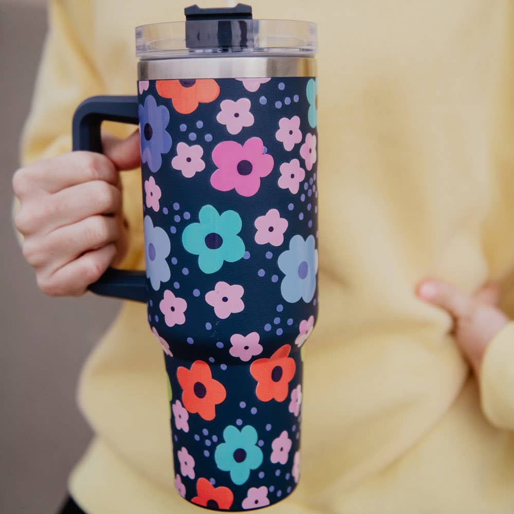 40oz Navy Daisy Tumbler Cup with Handle