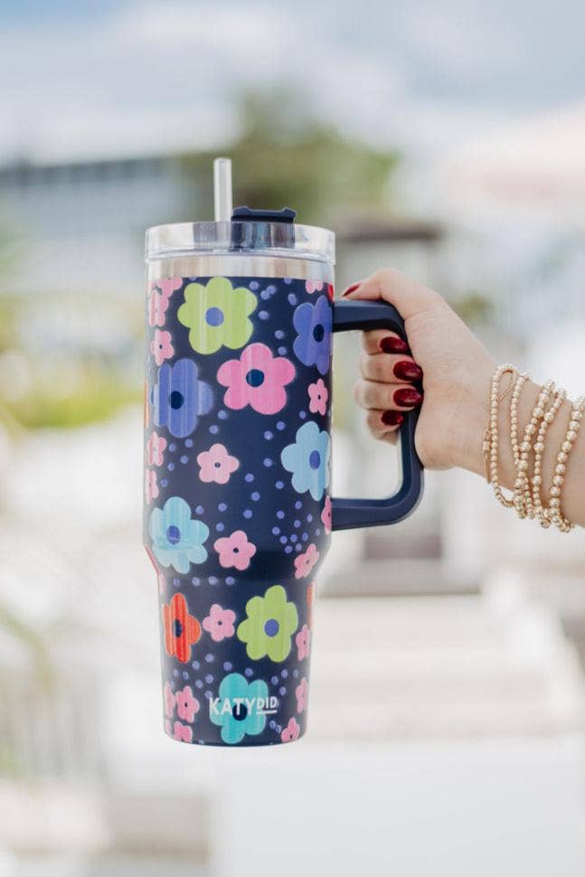 40oz Navy Daisy Tumbler Cup with Handle