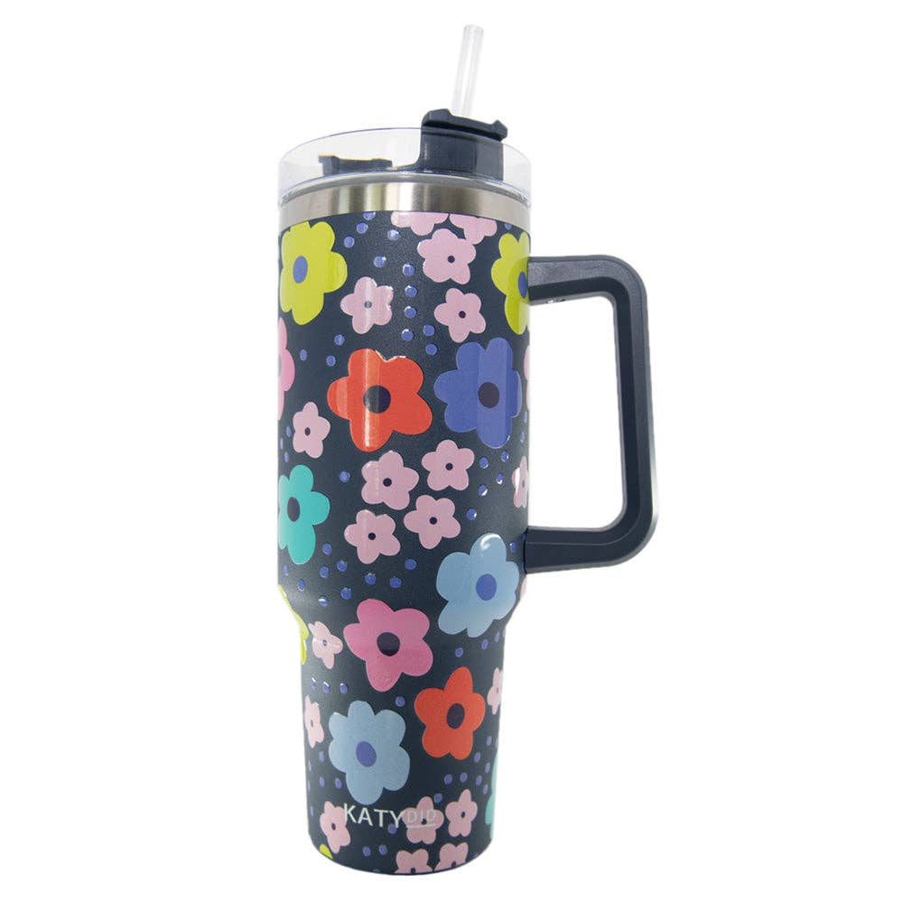 40oz Navy Daisy Tumbler Cup with Handle